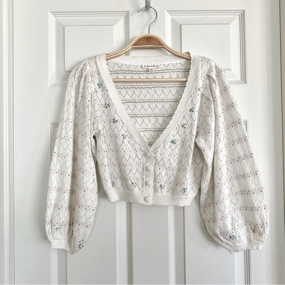 For Love & Lemons White Charleston Crop Balloon Sleeve Cardigan Sweater - Picture 7 of 15